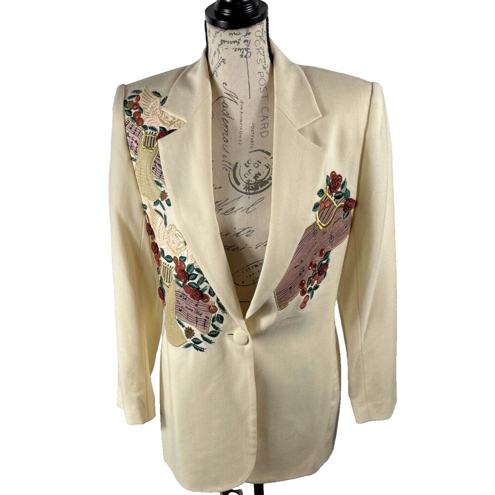 VTG Rare JENNA Blazer Women’s Ivory Sz 4 Wool Musical Applique Angel Embroidery